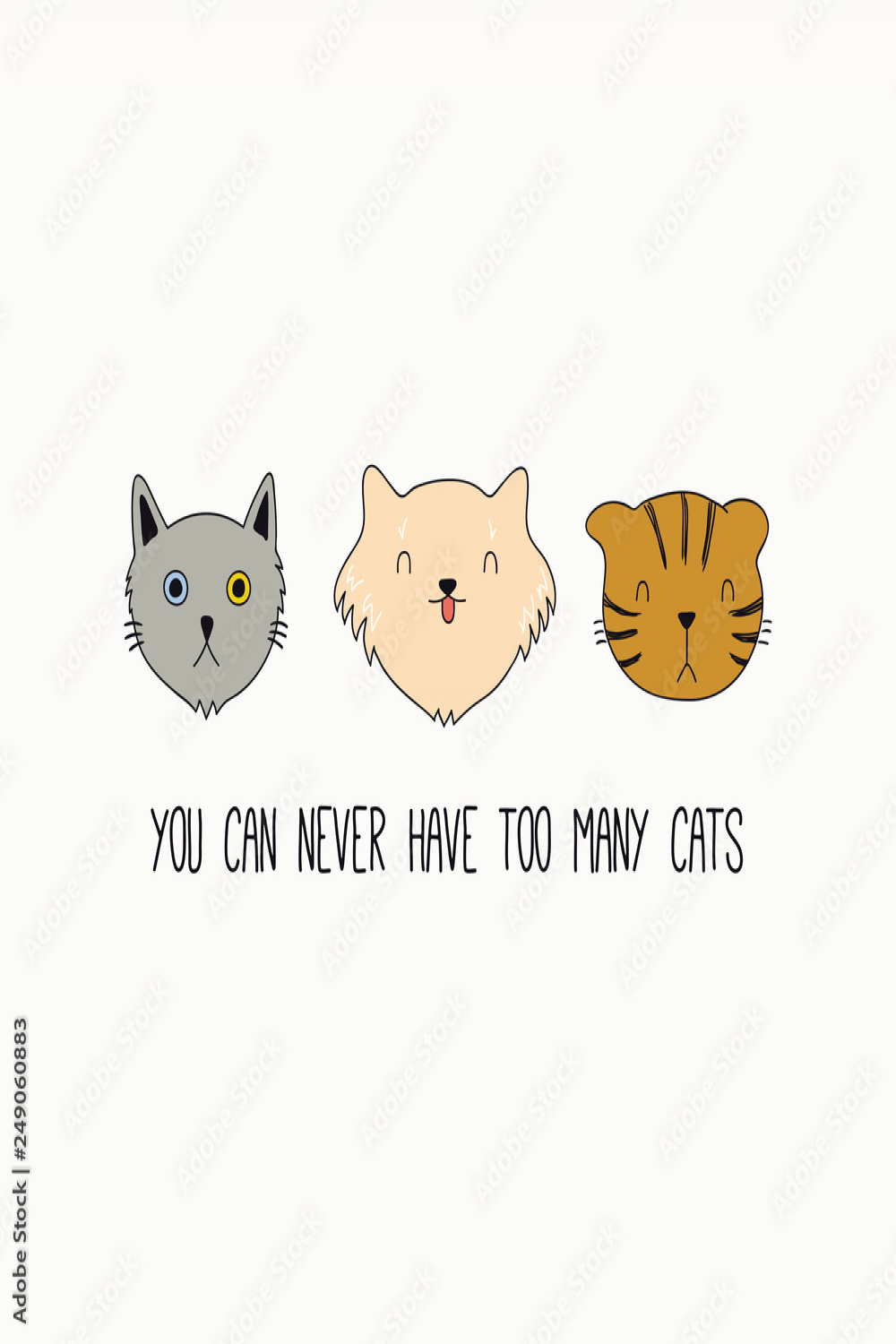 Hand drawn vector illustration of cute funny cat faces, with quote