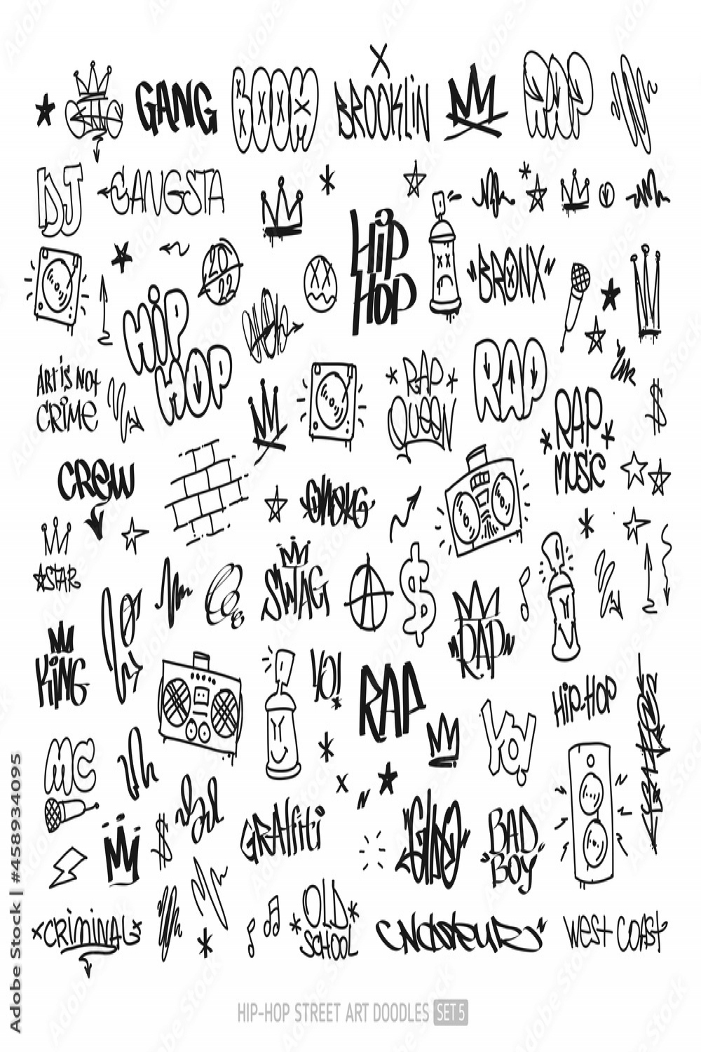 Hip-Hop graffiti doodle set and street art tags vector icons