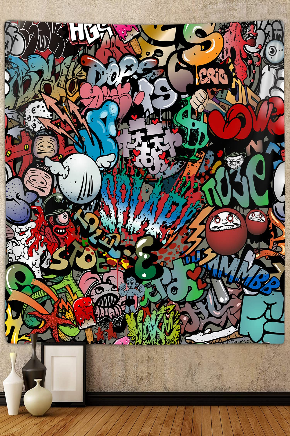Hippie Graffiti Tapestry for Bedroom Hip Hop Music Rap Art Colorful Small  Wall Hanging College Dorm Living Room Office Cool Trippy s s Boys Decor