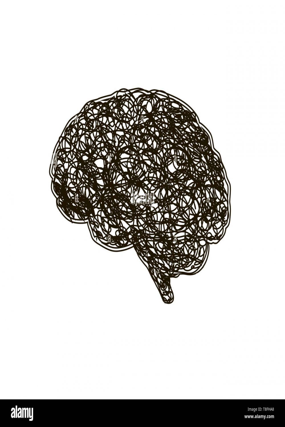 Human brain with round messy doodle hatching, stress concept on