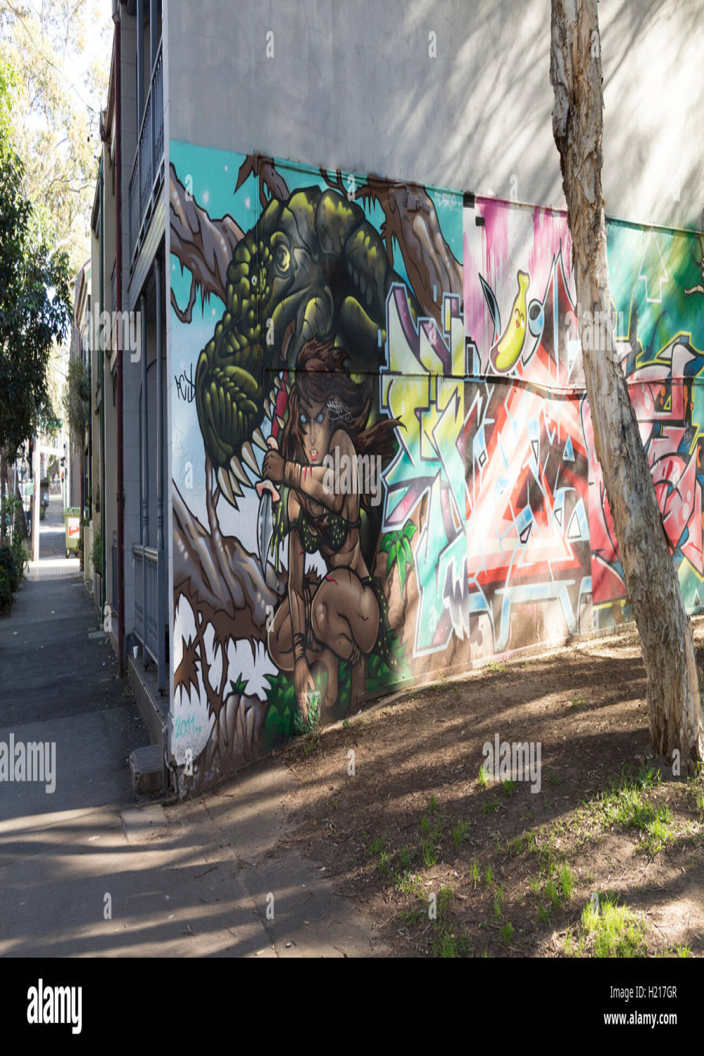 Large Graffiti Mural on wall of terrace house Bourke Street