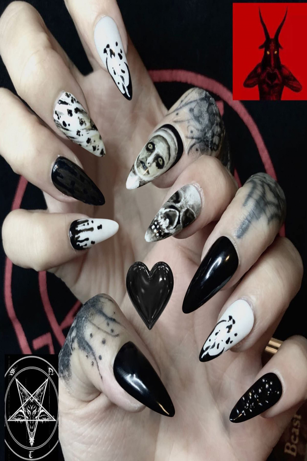 MISUD Halloween Press on Nails Medium Almond Fake Nails Black Glossy  Stiletto Glue on Nails Punk Ghost Face Acrylic Nails Full Cover Horror  Skull