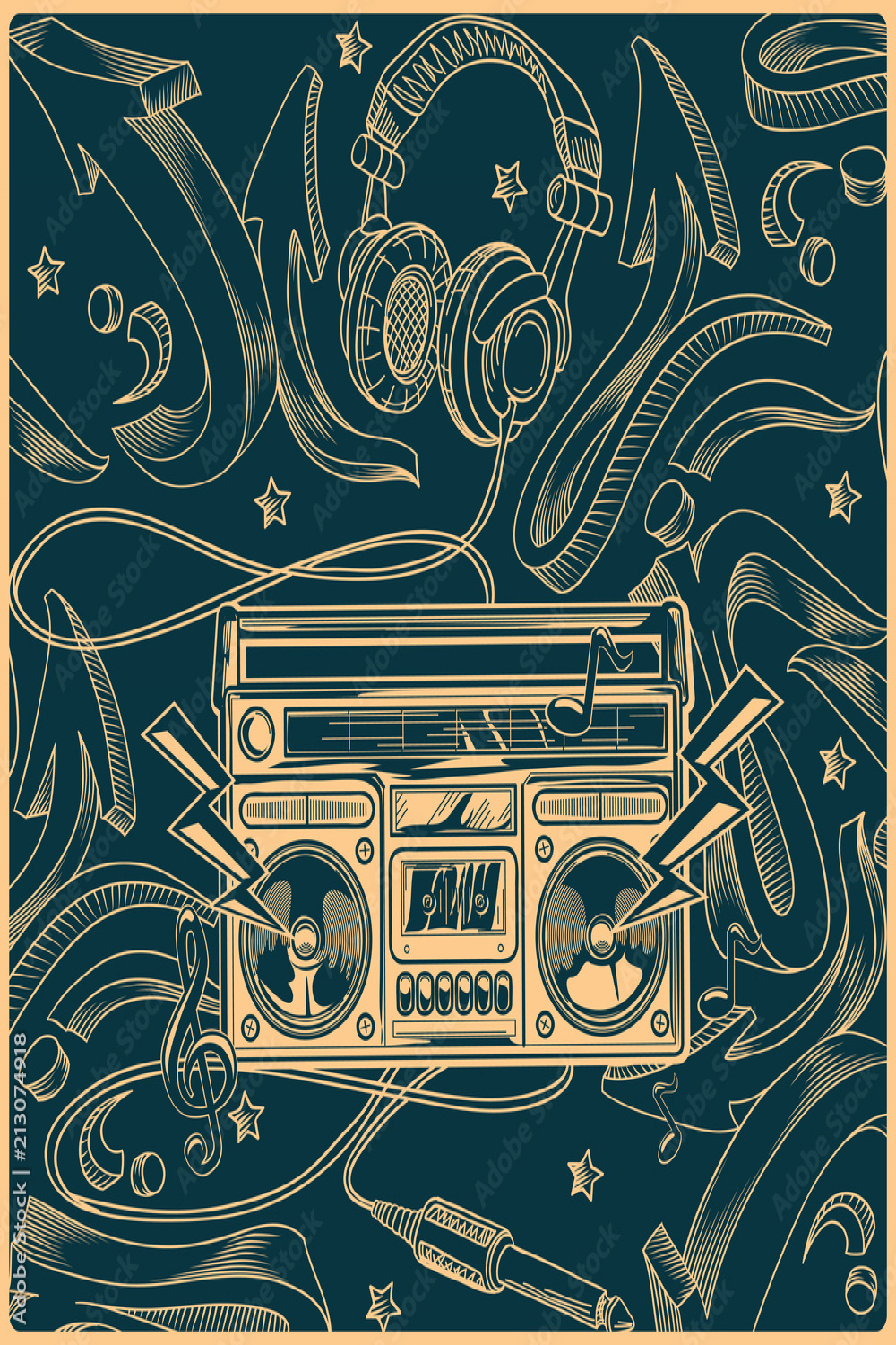 Music design - tape recorder on graffiti background Stock