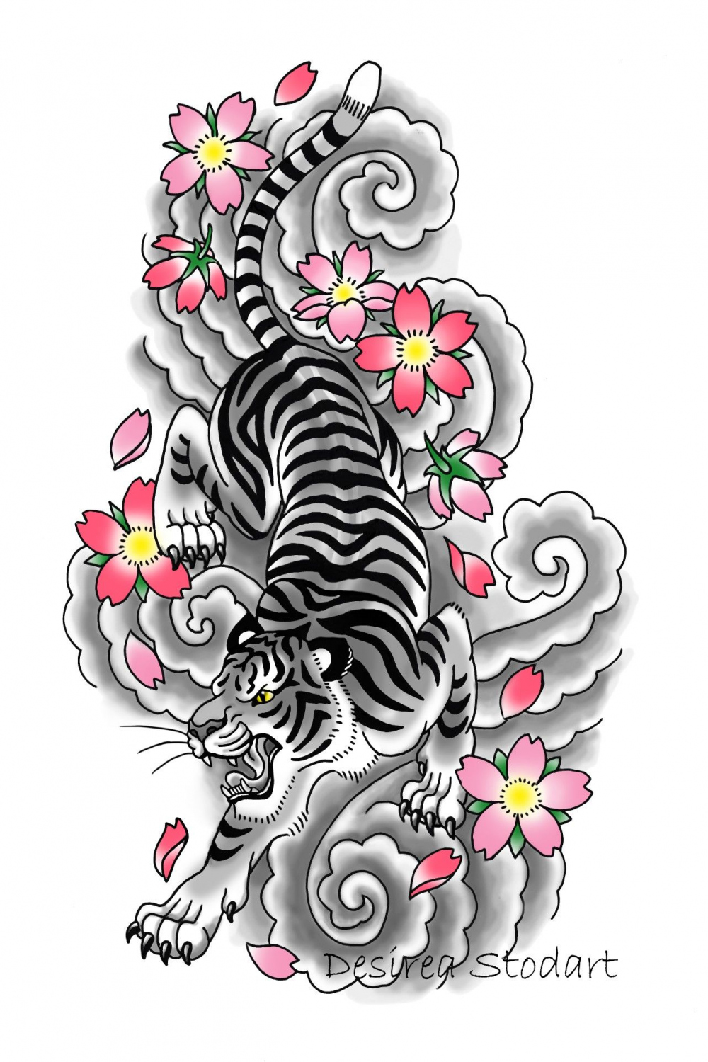 My own drawing, fierce tiger tattoo, loose take on japanese style