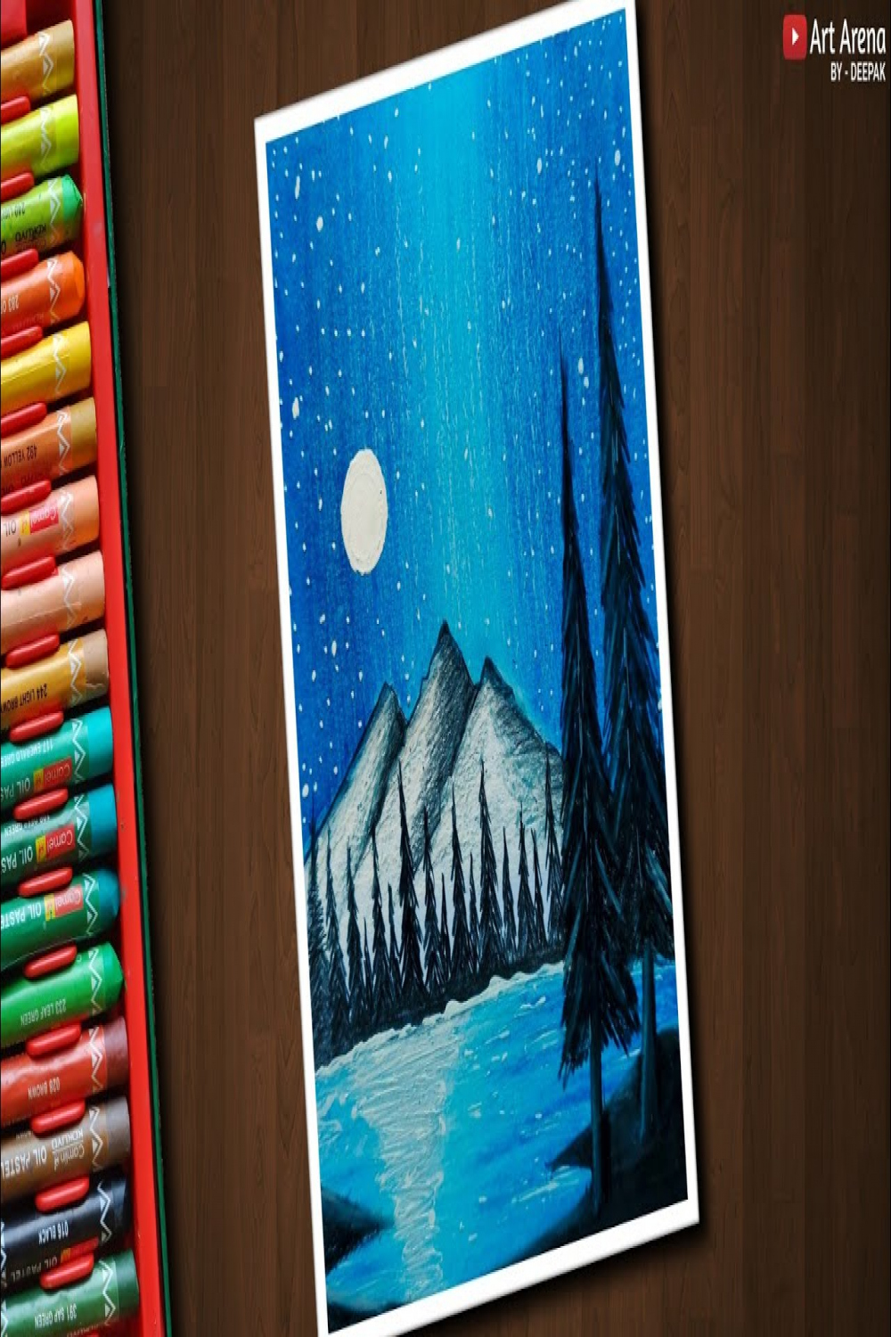 Night Sky Mountain scenery drawing for beginners with Oil Pastels - step by  step