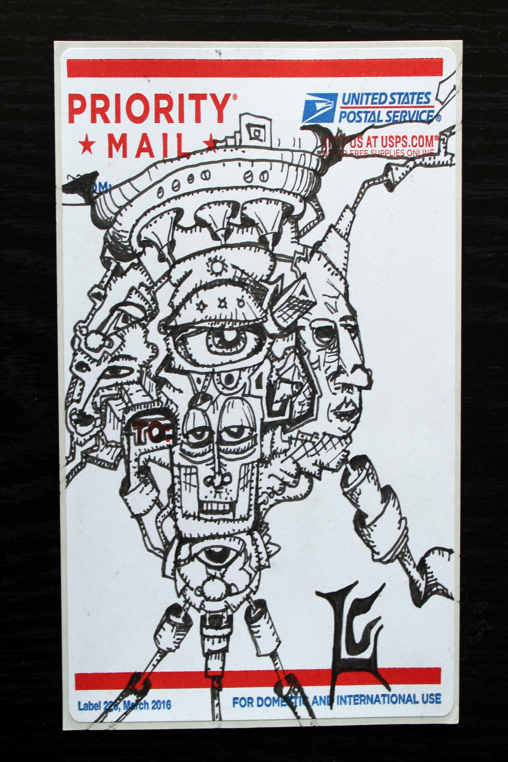 Original street art sticker slap, USPS Priority mail label , psychedelic  illustration drawing by Larry Calabrese Art