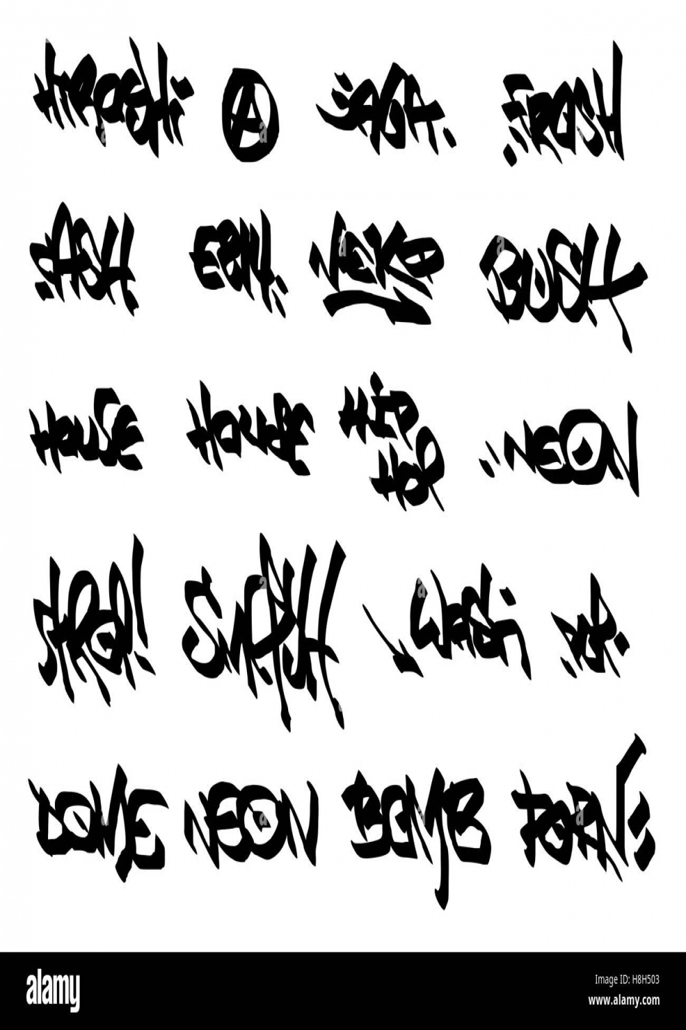 page of black grunge graffiti tags on white Stock Vector Image