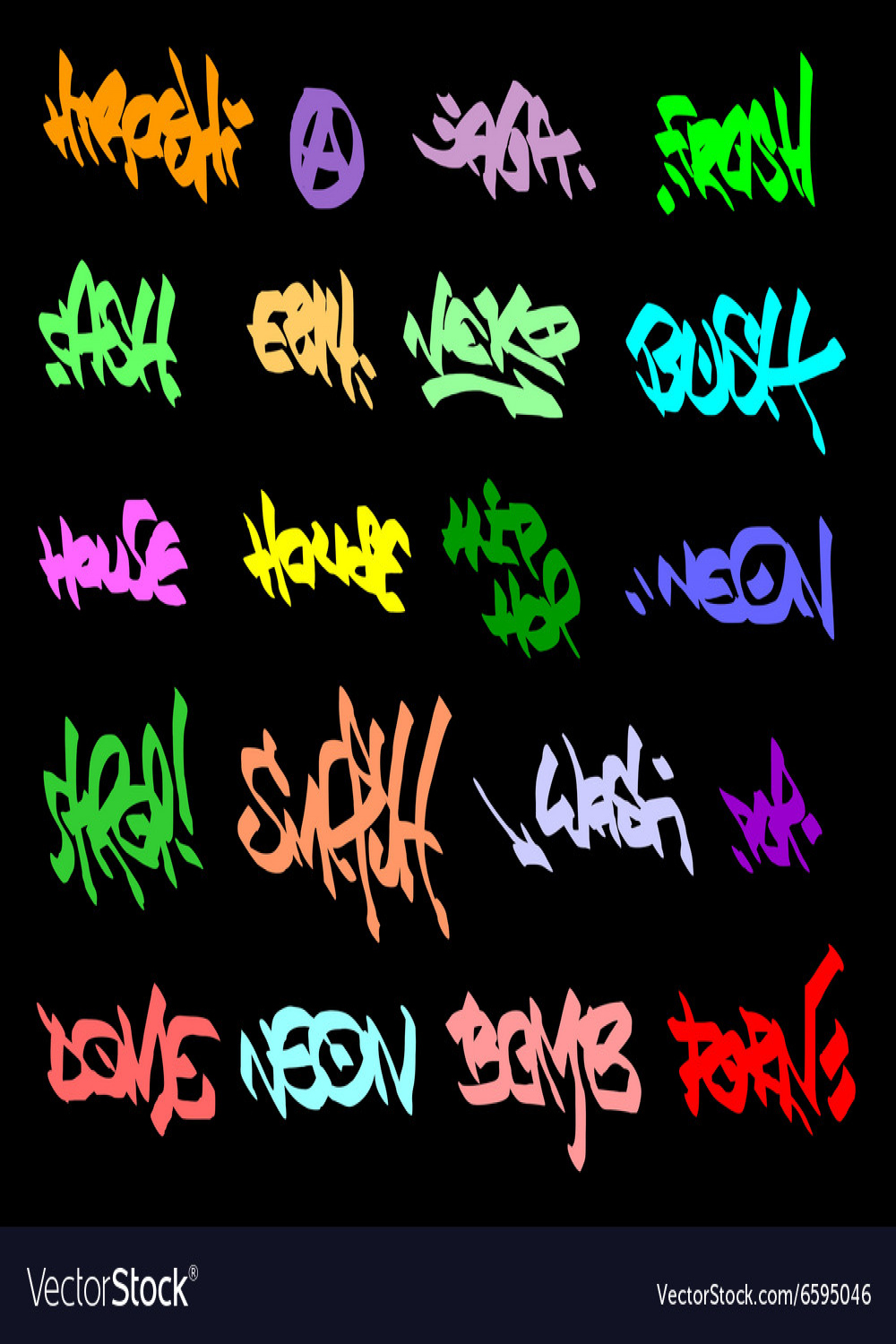 Page of bright color graffiti tags on black Vector Image