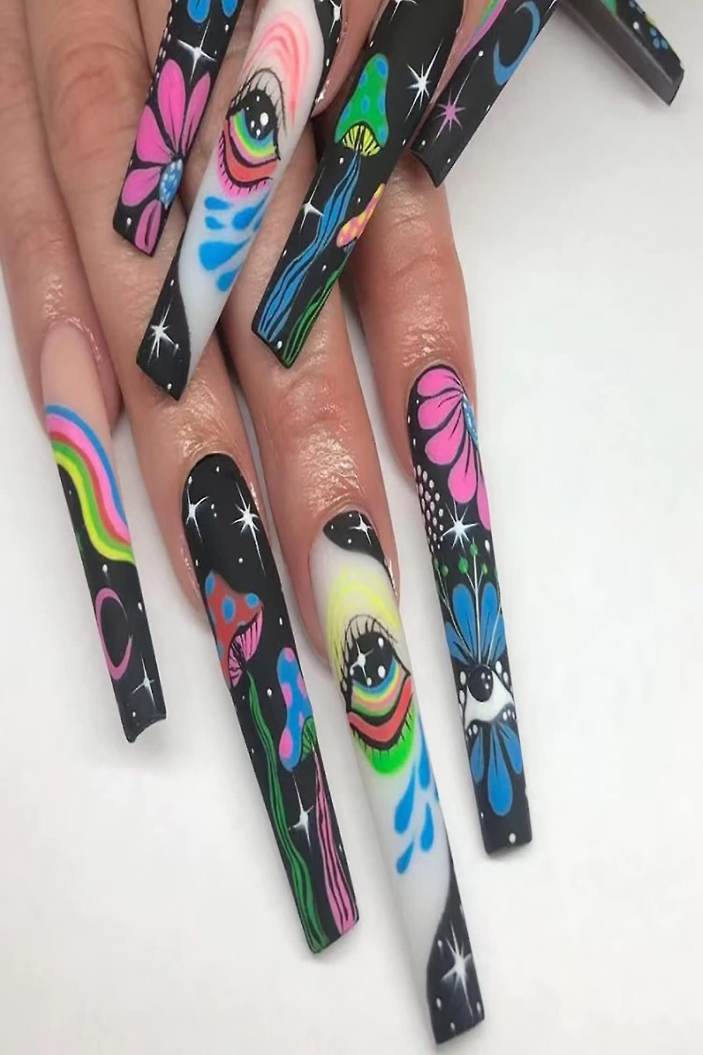 pcs Long Press On Nails Coffin Fake Nails, Graffiti Flower Full Cover  Glue On Nails, Eye Stars Moon Acrylic Nails