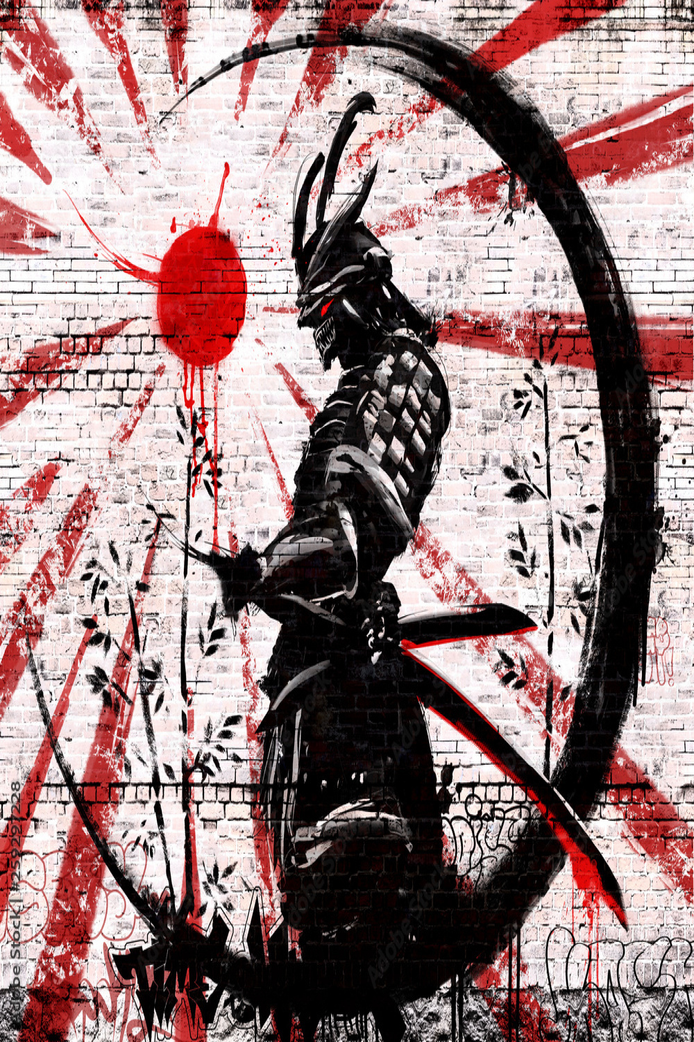 Photo Graffiti on a brick wall of a Japanese warrior in an ink circle with  a red sun