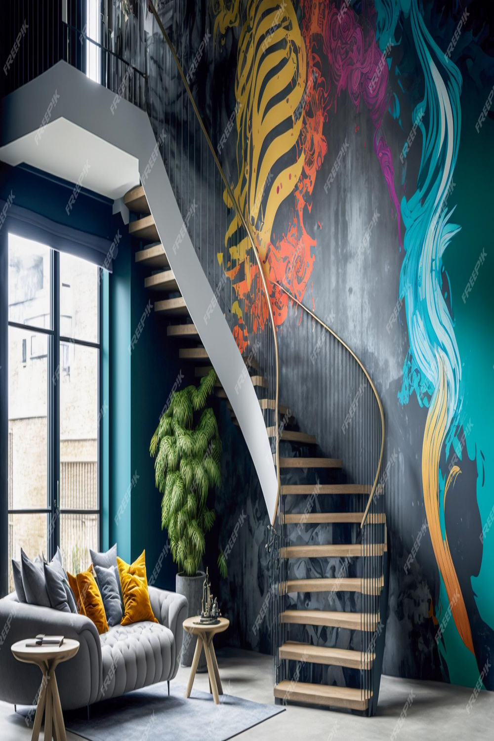 Premium Photo  Modern living room with graffiti texture wall and