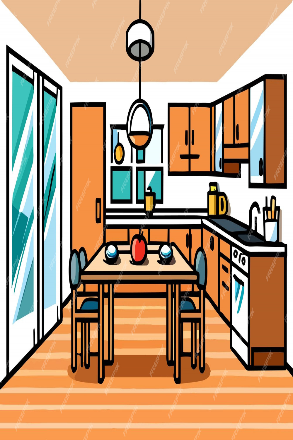 Premium Vector  A cartoon drawing of a kitchen with a table and