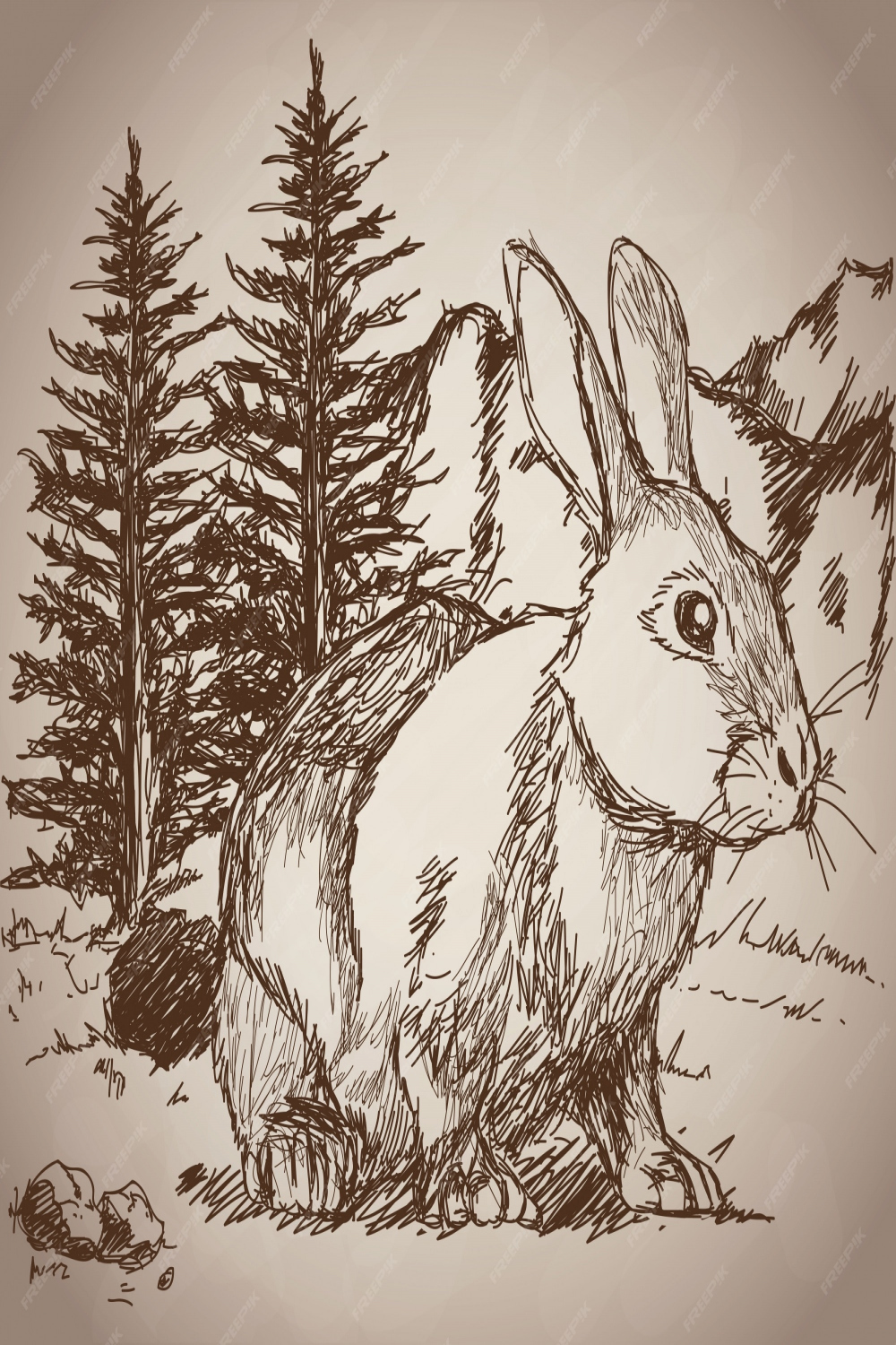 Premium Vector  Hand drawing rabbit landscape vintage