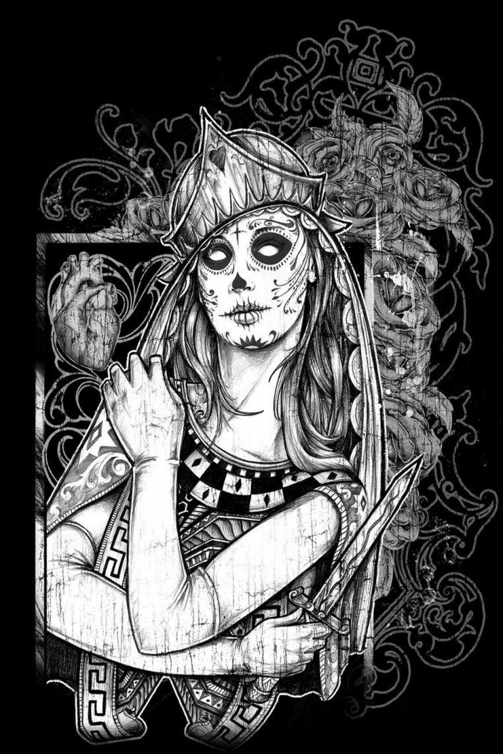 queen of heart - dia de los muertos  Skull drawing, Drawings