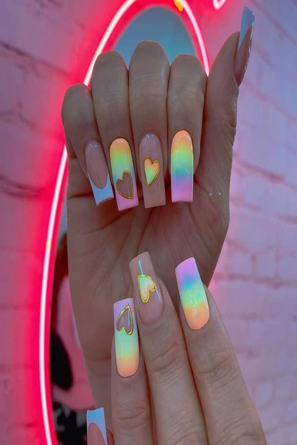 VEBONNY Rainbow Color Middle Coffin Nails,Nude Pink Square False Nail  French Style Nail with Blue Tips,Heart Shaped Graffiti Pattern Glossy  Acrylic