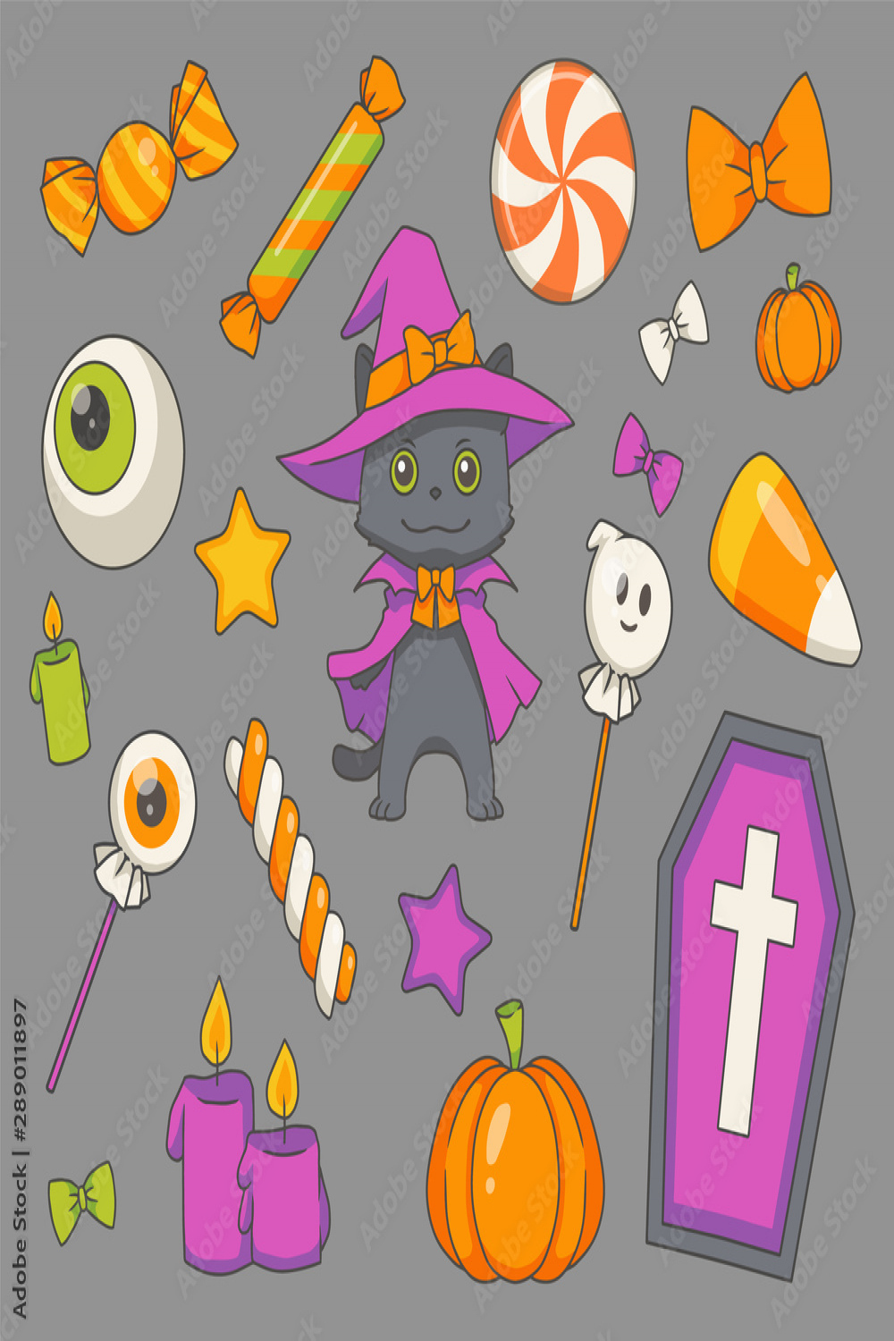 Vector art collection of cute cartoon Halloween drawings including