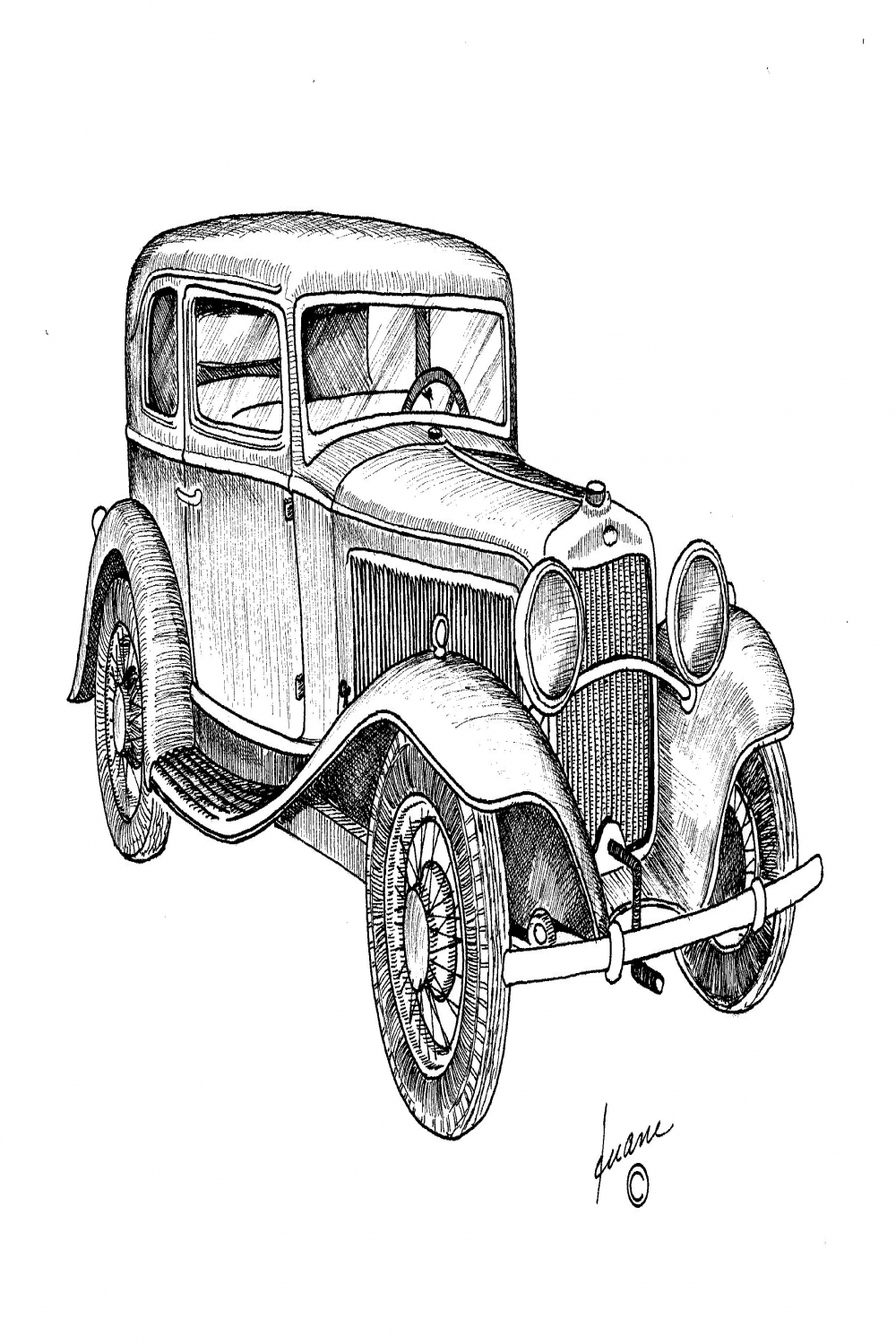 Vintage Car with Hand Crank  Vintage cars, Drawings, Ink pen drawings