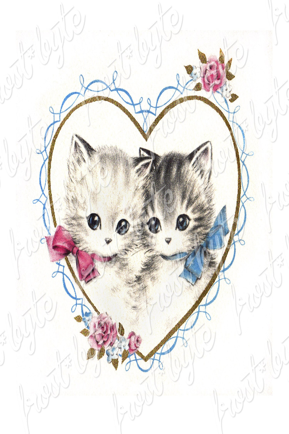 Vintage Love Heart Kittens Wearing Bows Instant Download Digital