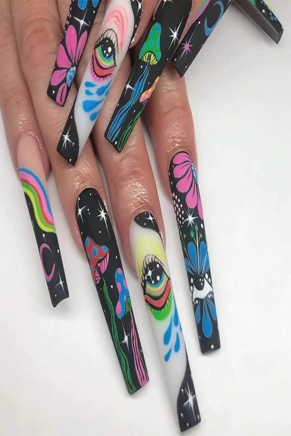 XIXKOLYU pcs Long Press on Nails Coffin Fake Nails Graffiti Flower Full  Cover on Nails Eye Stars Moon Acrylic Nails with Rainbow Designs Coffin