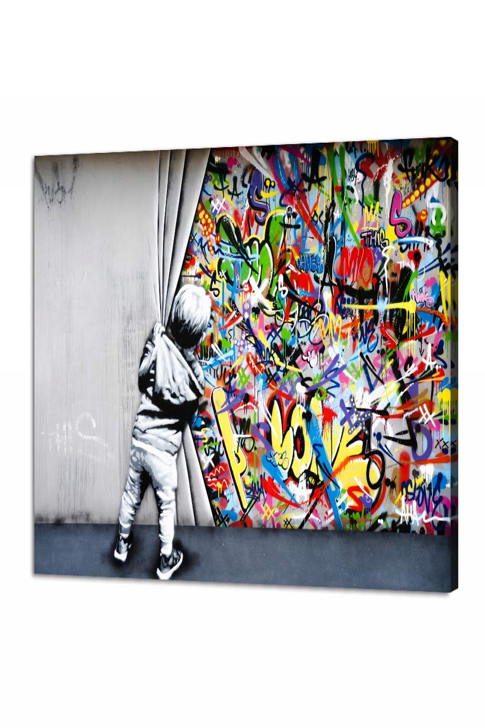 Yatsen Bridge Classic Street Art Banksy Graffiti Wall Art Behind Curtain  Poster Canvas Painting Stretched and Framed for Living Room Home Decoration