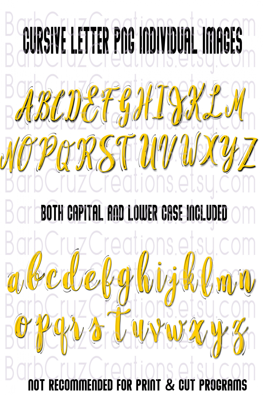 Yellow Cursive Graffiti Lettering in the Whole Alphabet Both