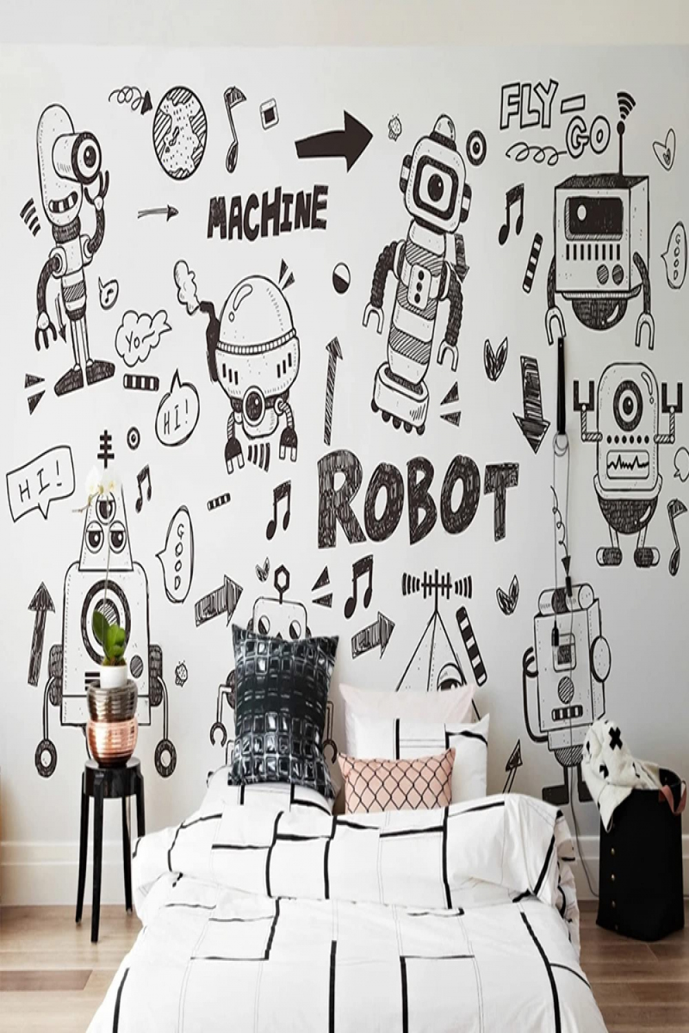 Yimesoy Benutzerdefinierte Wandbild Tapete D Handgemalte Graffiti Roboter  Schwarzweiß Cartoon Wandmalerei Kinderzimmer Papel De Parede