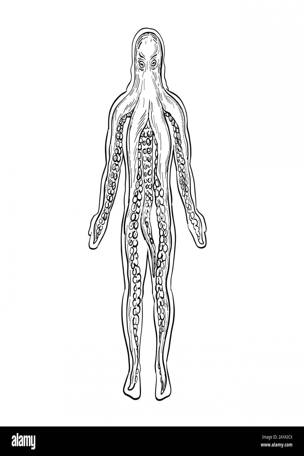 Alien Octopus Inside Human Body Drawing Black and White