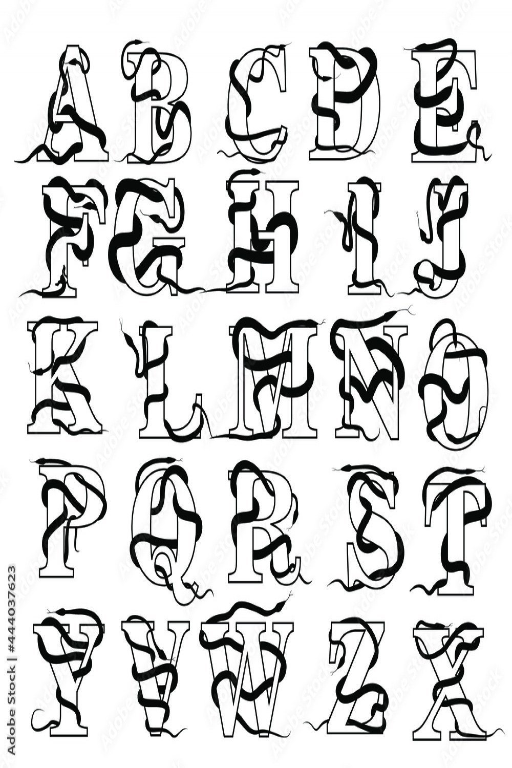 alphabet letters shapes with snake around letters Stock