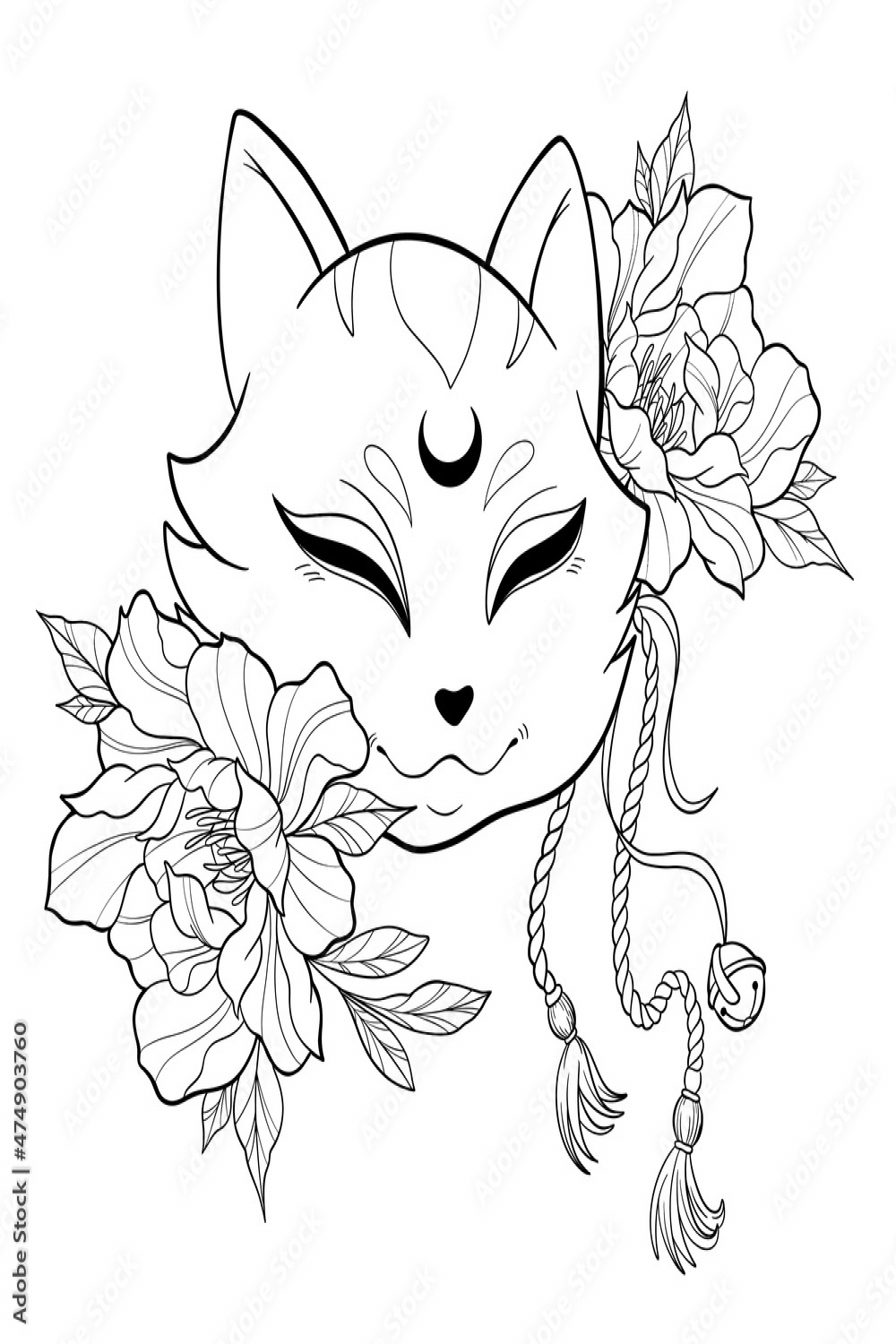 Black and white illustration of a Japanese fox mask with flowers