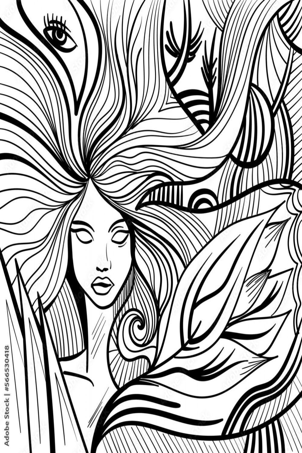 Black and white psychedelic line art with humans