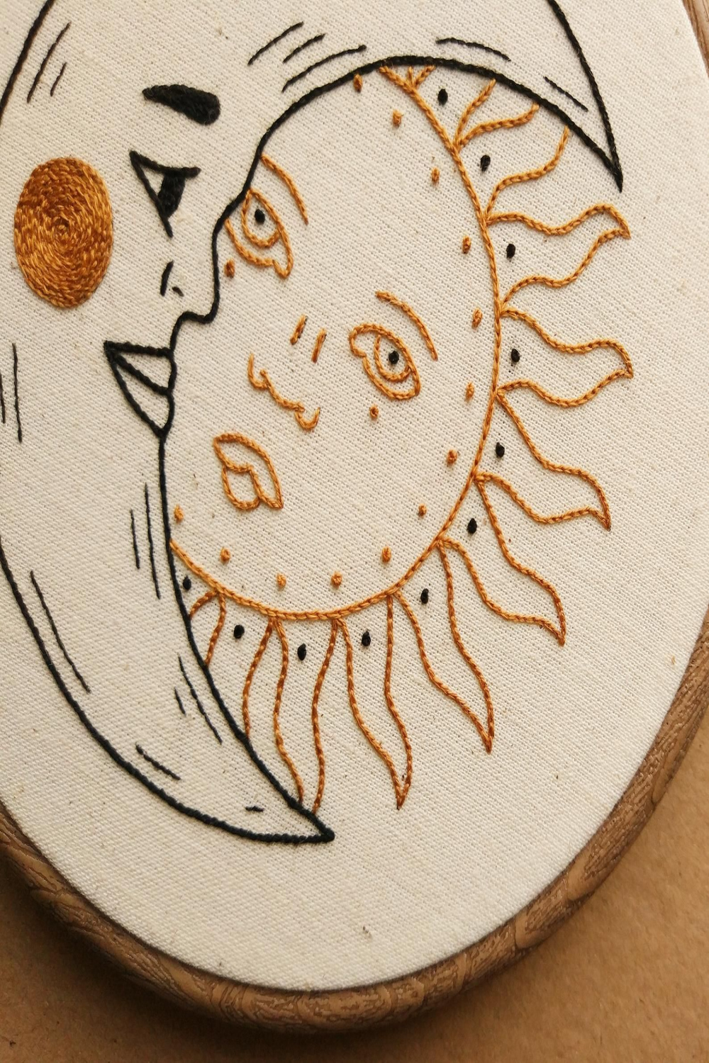 Crescent Moon and Sun Hand Embroidery Hoop Art modern Hand