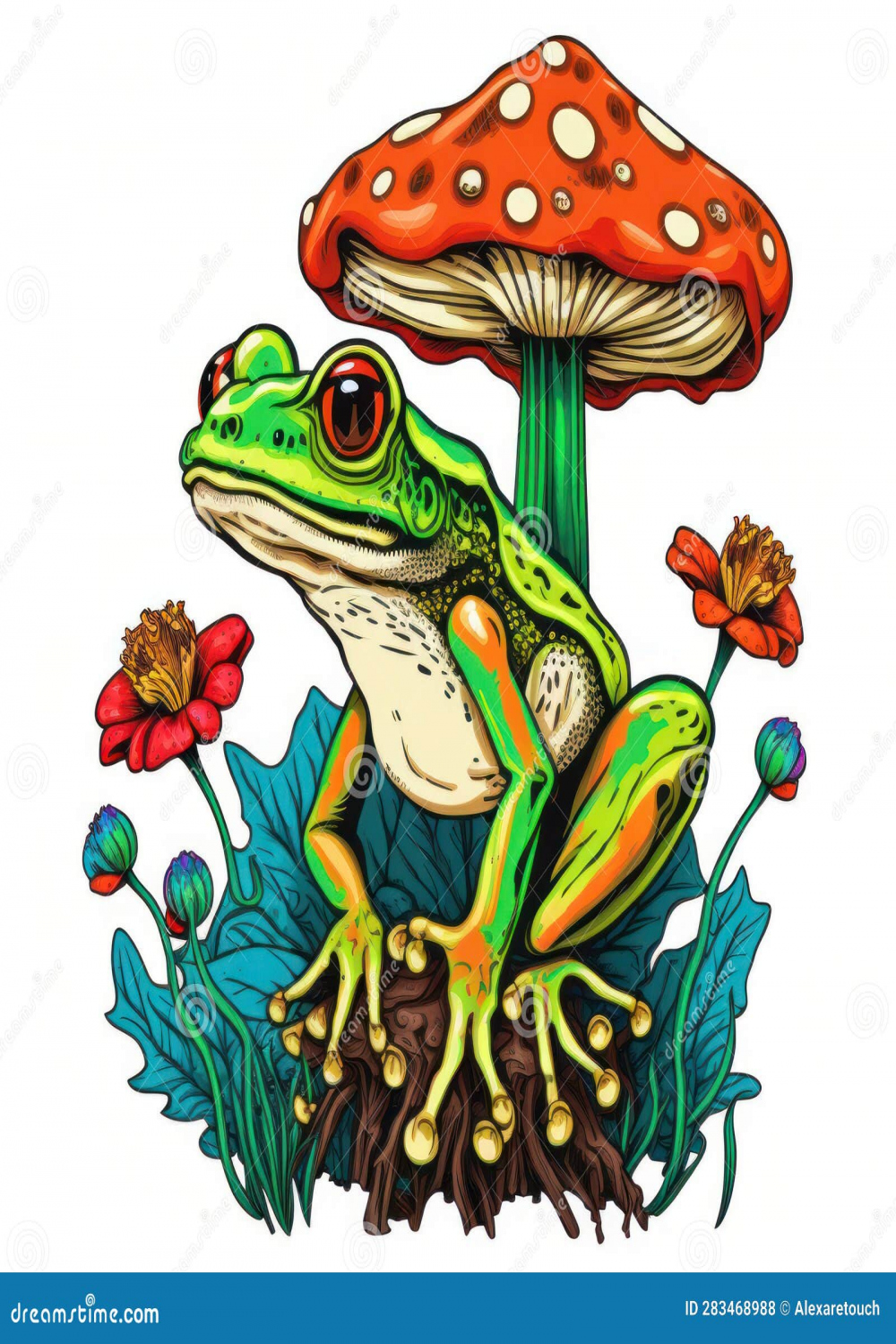 Drawing of a Cute Frog with a Mushroom for a Children S Book or