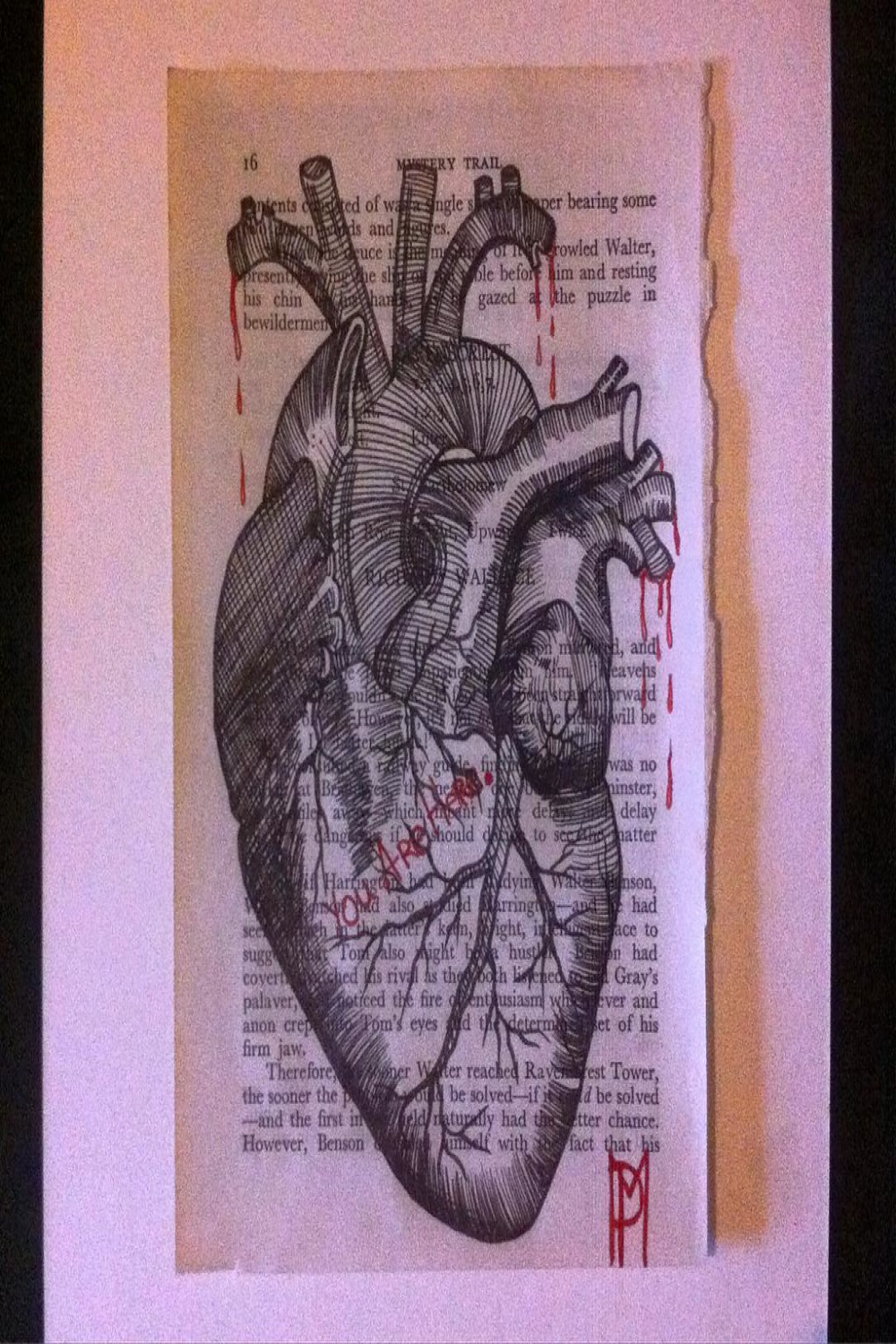 Drawing of anatomic heart on an old book page