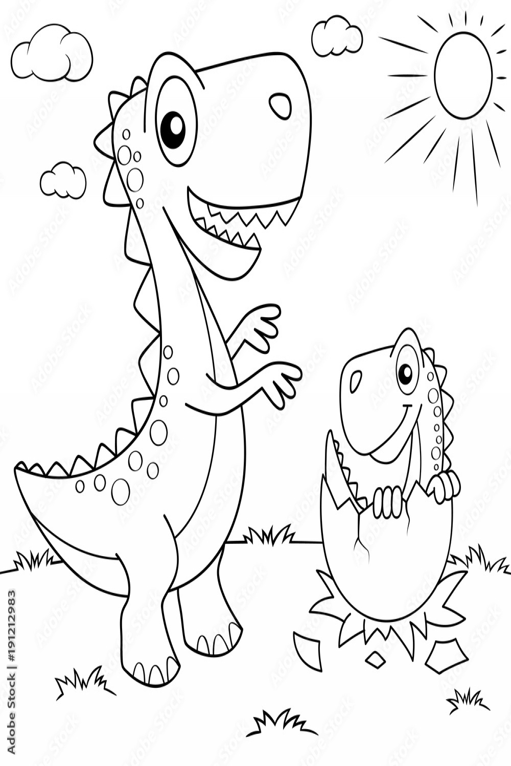 Funny cartoon dinosaur and his nest with little dino