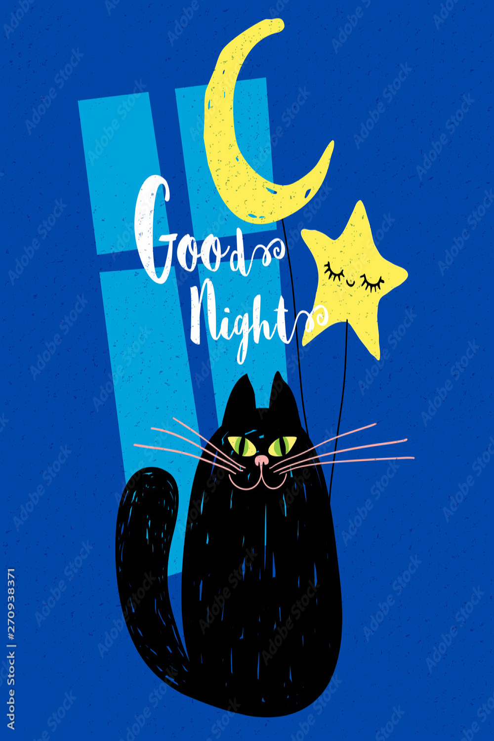 Good night cute smile black cat with moon and cute star