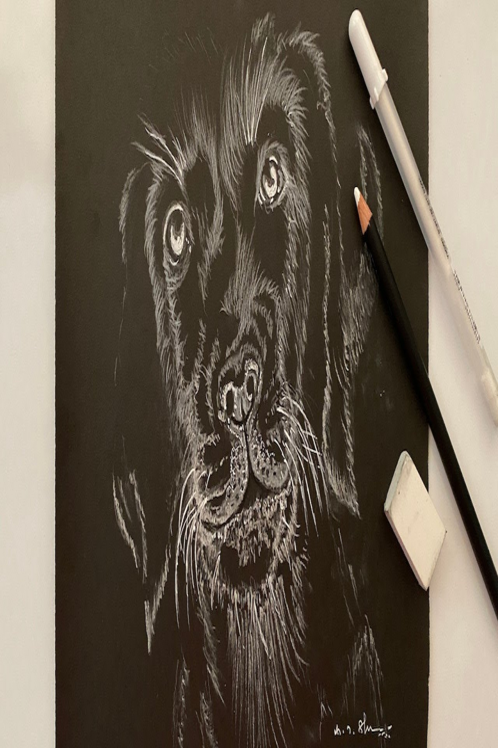 How to draw Dog easy in Black Paper. Drawing on BLACK PAPER (JUST White)  drawing white animal fur.