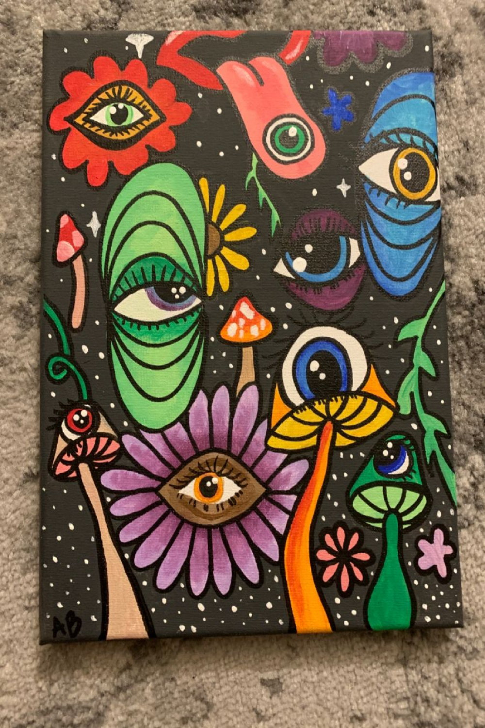 indie artwork by me! trippy eyes mushrooms and flowers