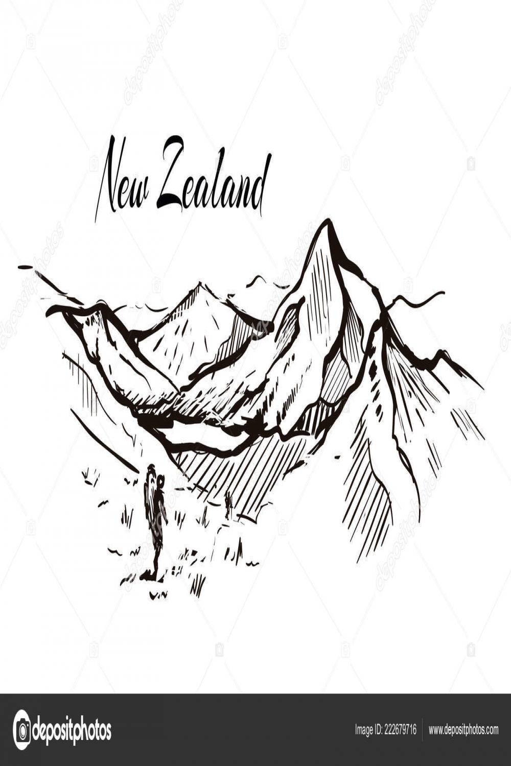 New Zealand Mountain Valley Hand Drawn Sketch Illustration