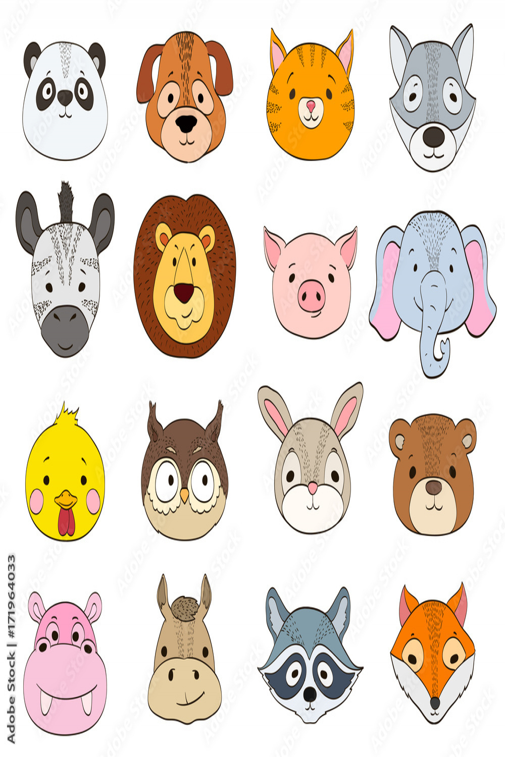 set of cartoon animal faces on white