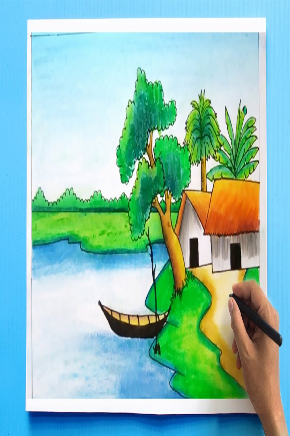 Simple Village Scenery Drawing  Easy Landscape drawing - Drawing Class-