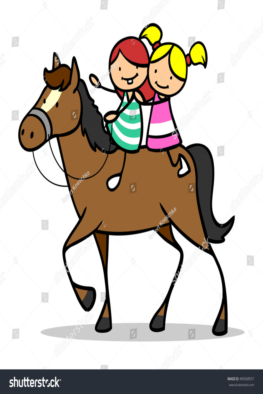 Two Cartoon Children Riding Horse Together Stock Illustration