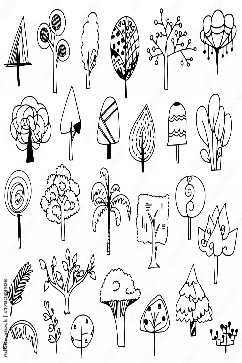 vector illustration set of cute tree doodle design from freehand