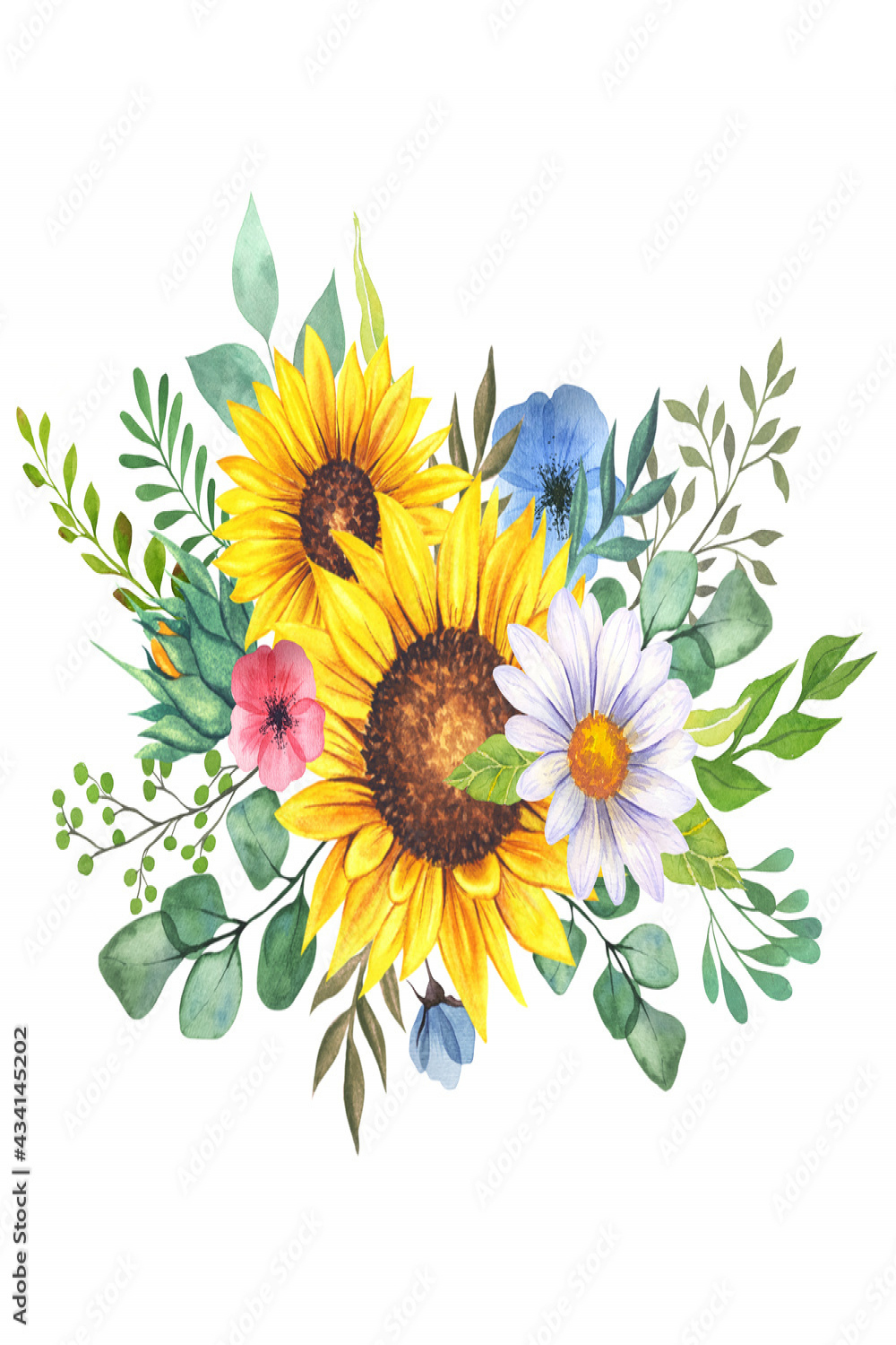 Watercolor wildlowers bouquet, hand painted sunflower bouquets